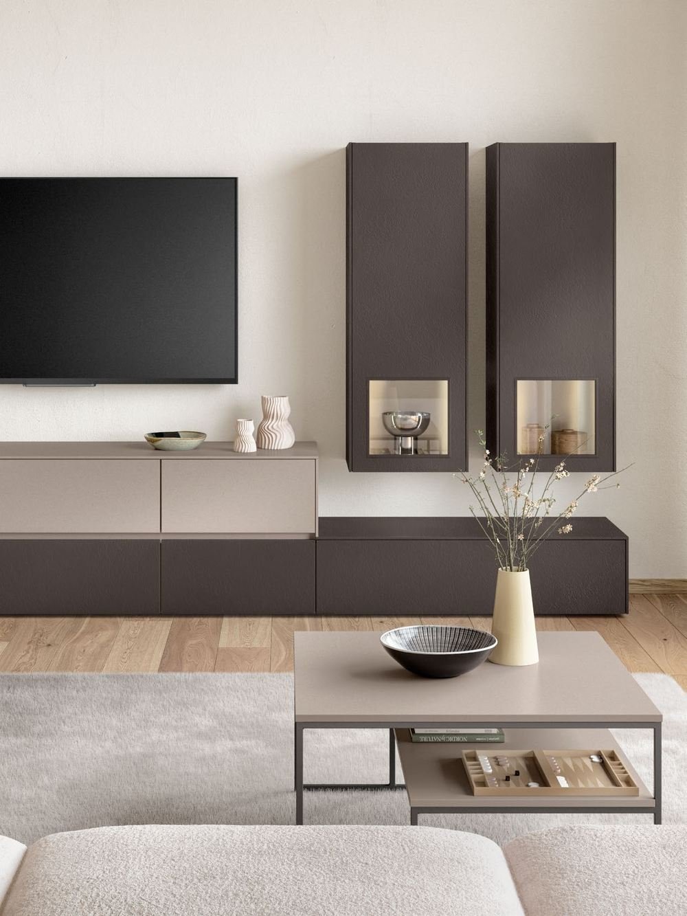Modules hauts anthracite et meuble bas sur mur clair